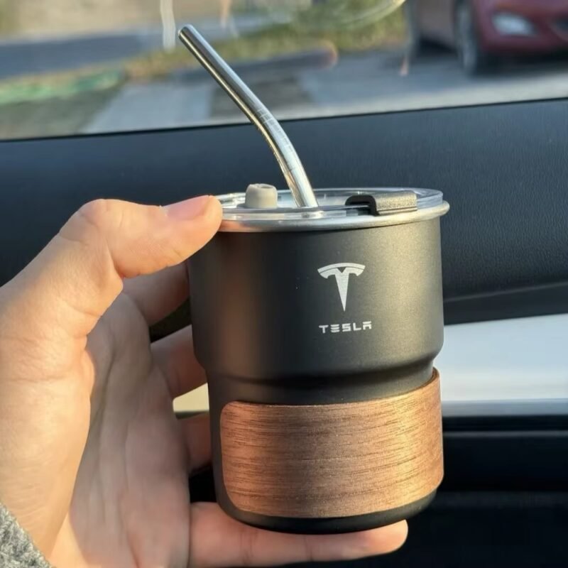 Tesla Stainless Steel Cup – High-Quality Coffee & Straw Cup, Car Mounted Design